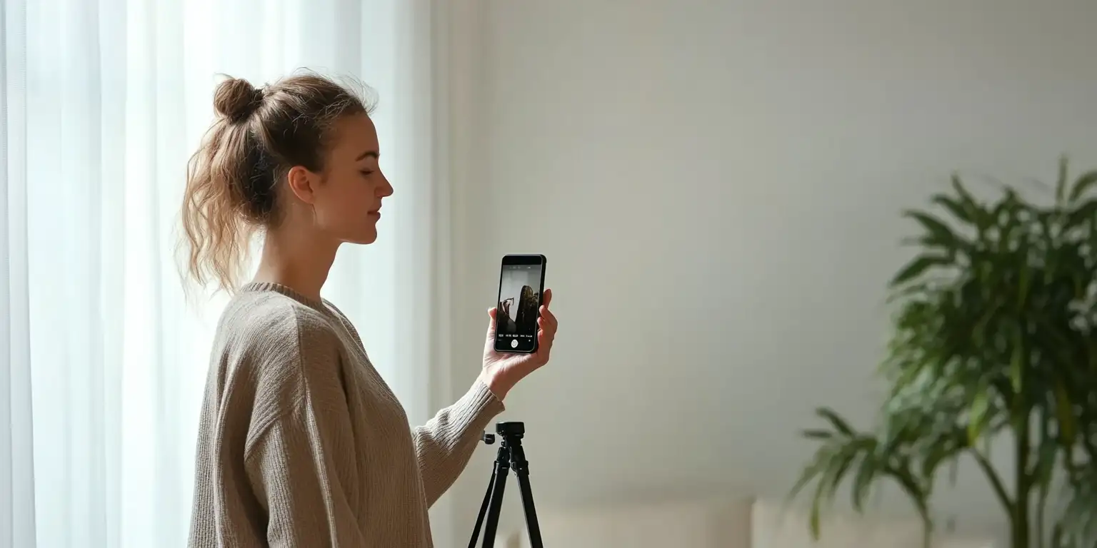 A frustrated young woman with shoulder-length brown hair attempting to take a passport photo at home against a wrinkled white sheet backdrop. She's holding a smartphone at arm's length while sitting on a wooden chair.