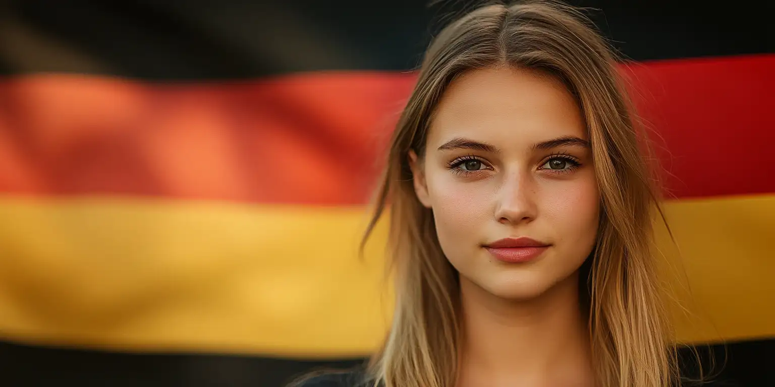 Deutsches Passfoto-Anforderungen 2025 – Junge Frau vor der Deutschlandflagge. Offizieller Leitfaden für biometrische Passbilder in Deutschland.