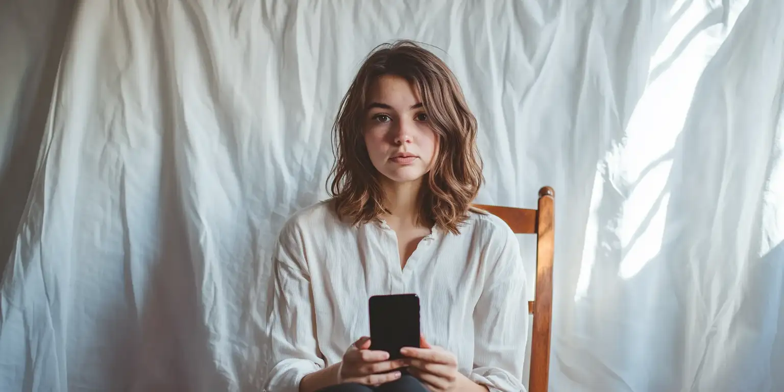 A frustrated young woman with shoulder-length brown hair attempting to take a passport photo at home against a wrinkled white sheet backdrop. She's holding a smartphone at arm's length while sitting on a wooden chair.