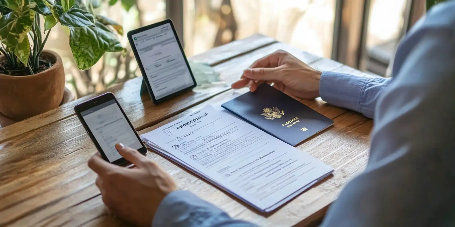 A person in business casual attire (mid-30s, neutral expression) sitting at a wooden desk in natural daylight from a nearby window, carefully reviewing their passport renewal application.