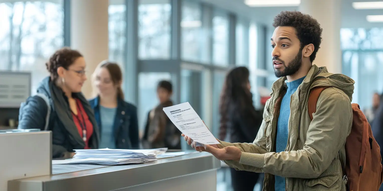A frustrated person in casual clothing standing at a post office counter, holding a rejected passport application form